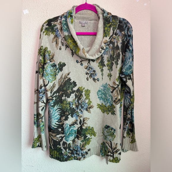 J. Jill Beige Blue Floral Cowl Neck Tunic Length Pullover Sweater S - Picture 5 of 8